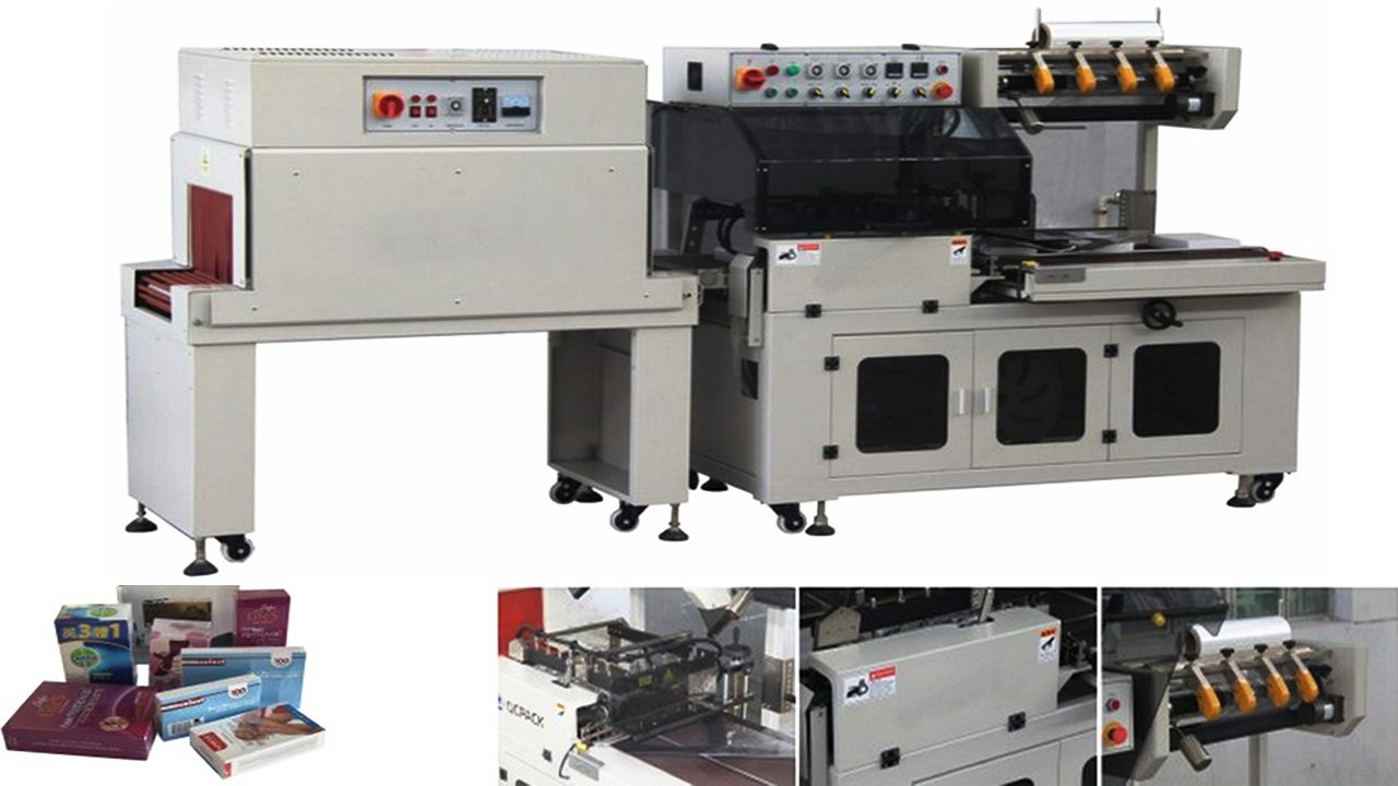 Boxes cartons film wrapping packing machine L type heat sealer with shrinking tunnel for cosmetic packaging & houseware pack